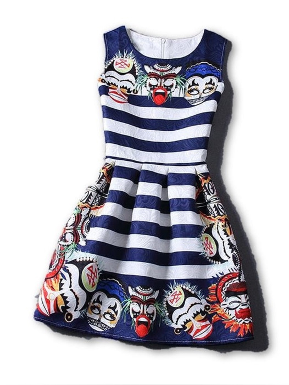 Navy & White Striped Printed Dress with Faces